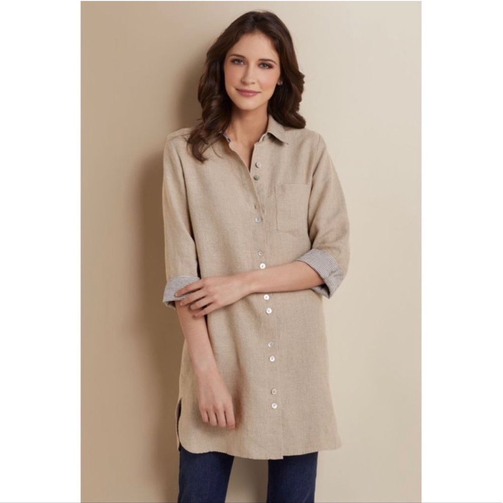 Soft Surroundings Button Down 100% Linen San Miguel Tunic Shirt Small